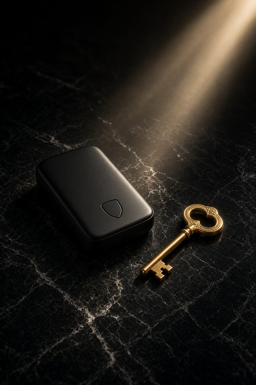 A black wallet and a gold key on dark marble