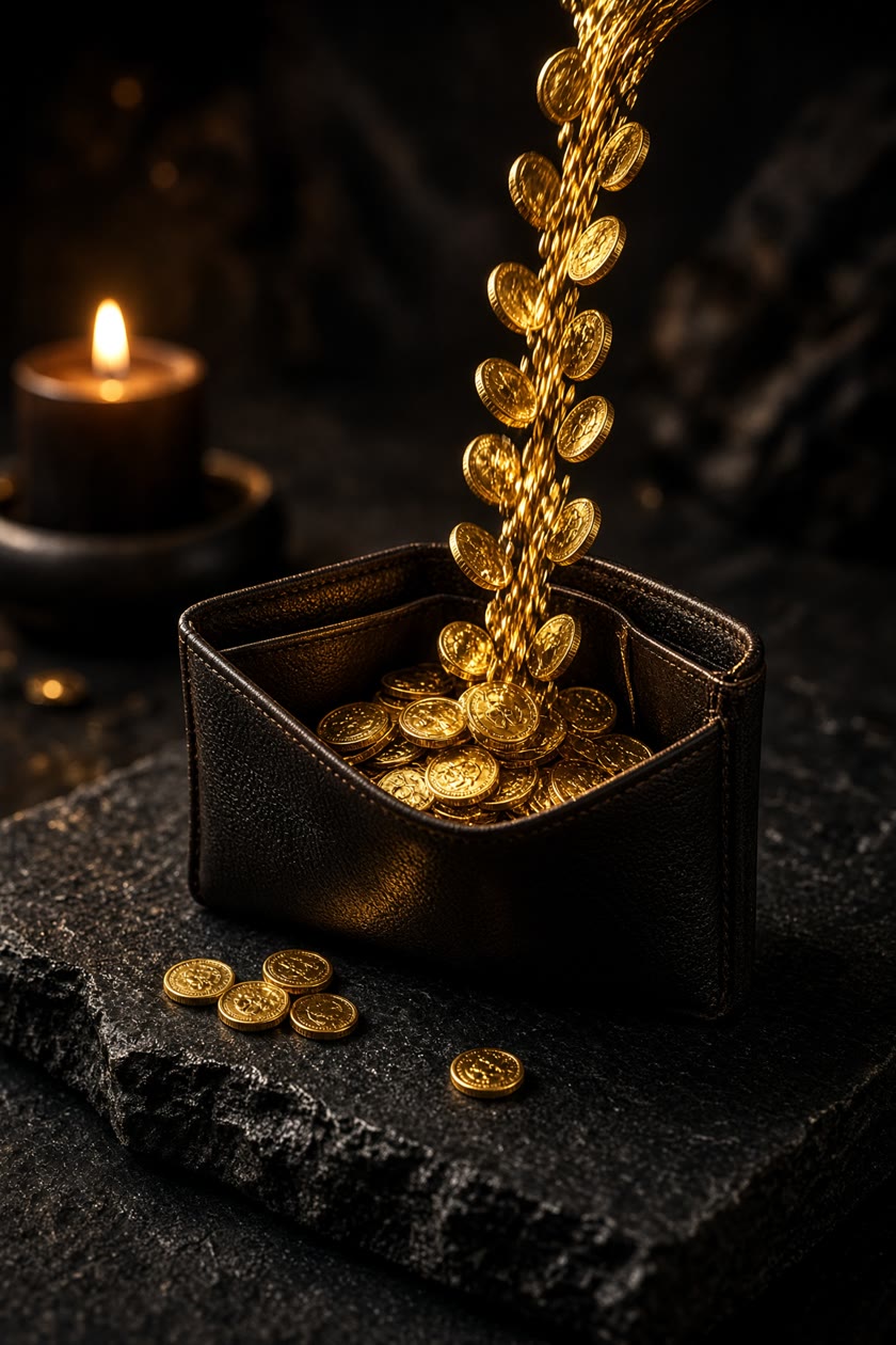 Gold coins pouring into an open leather wallet