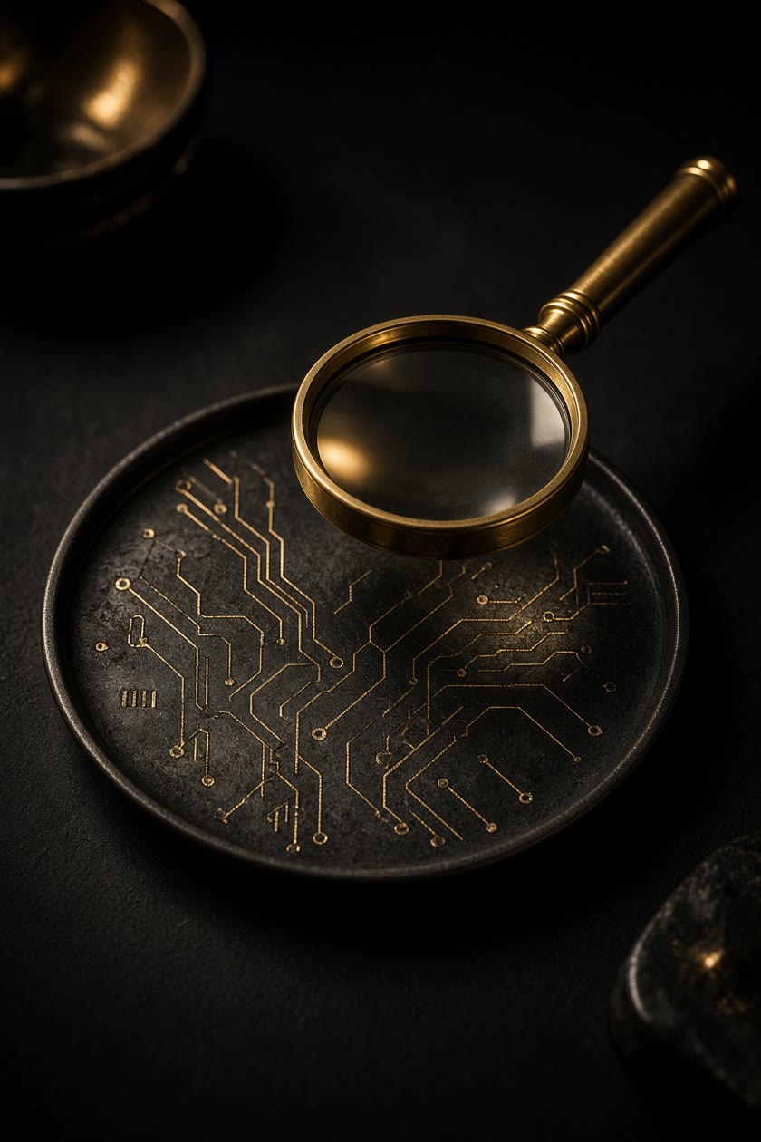 A brass magnifying glass over a gold circuit plate