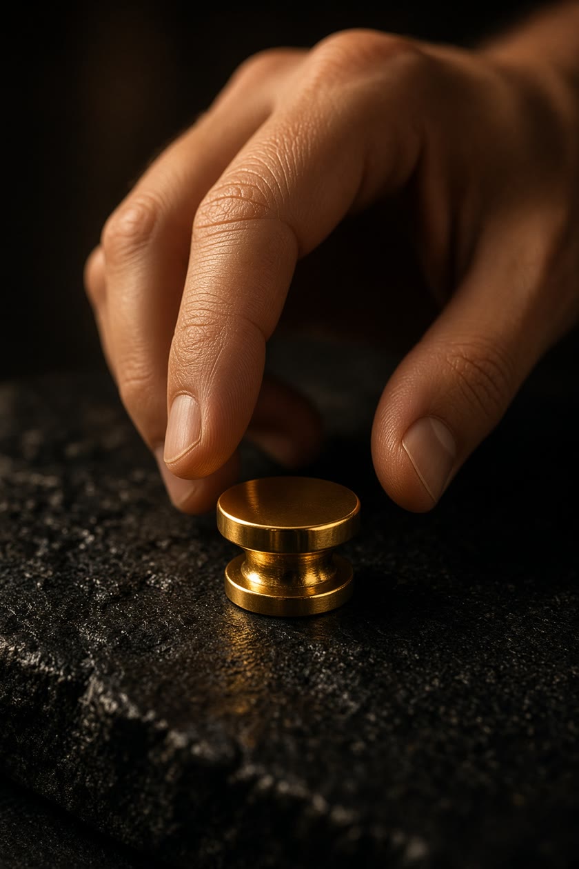 A hand hovering over a small gold seal