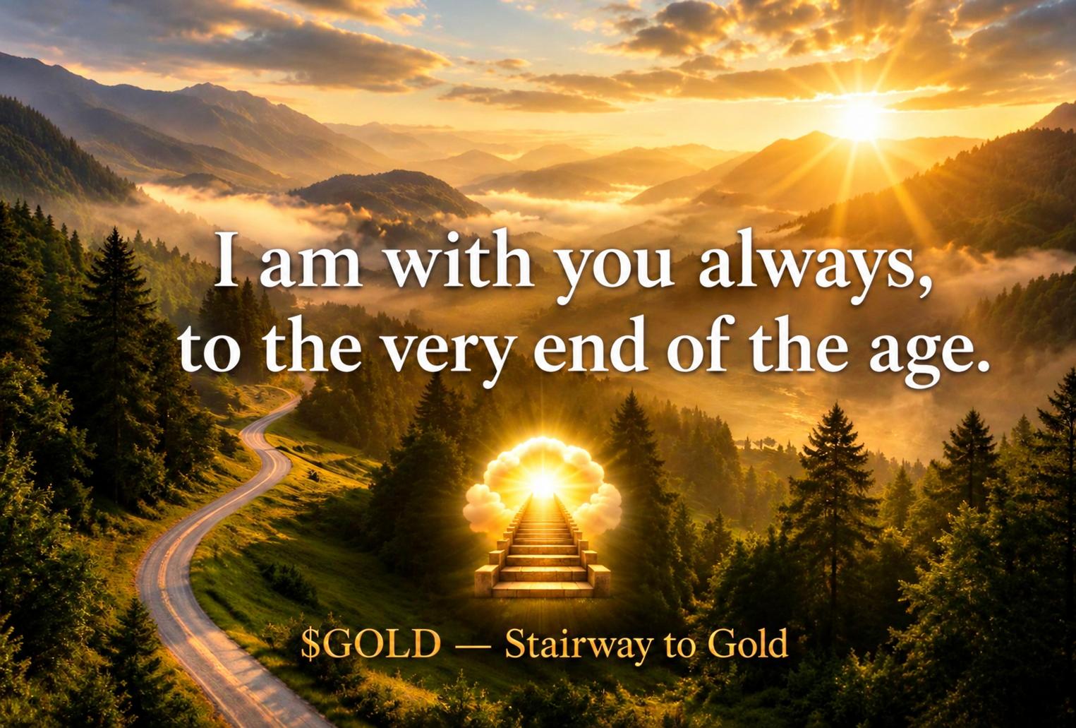 A stairway of light in a golden valley with the words I am with you always